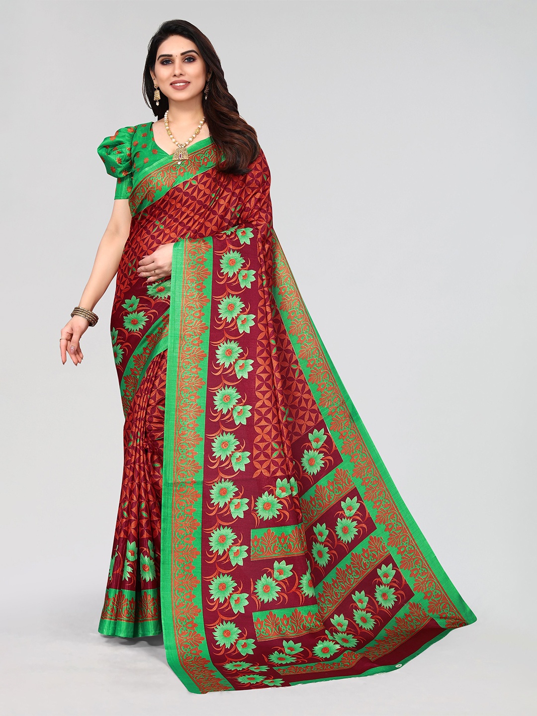 

VIRICA Floral Printed Phulkari Saree, Maroon