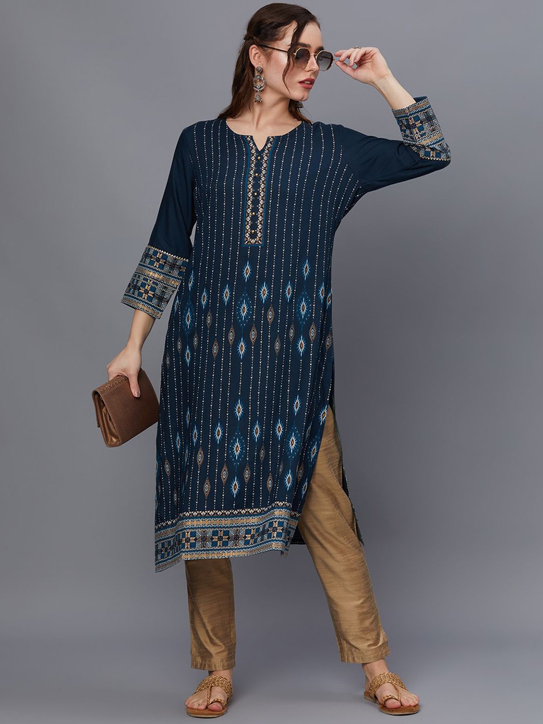 

Shree Floral Printed Beads and Stones Liva Straight Kurta, Blue