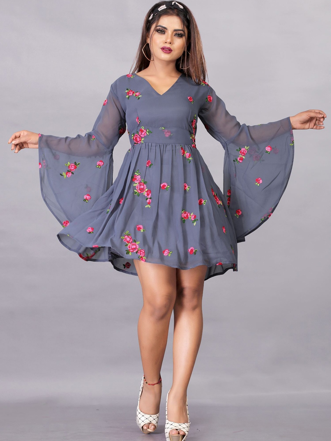 

LADY SHOPI Floral Embroidered Bell Sleeve Georgette Fit & Flare Dress, Grey