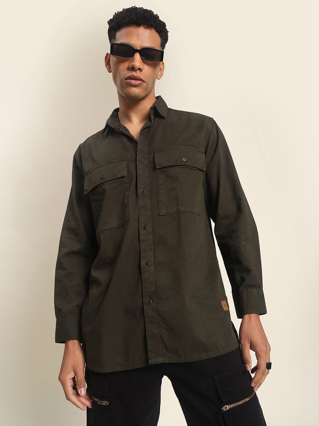 

The Roadster Lifestyle Co. Men Classic Solid Cotton Relaxed Fit Casual Shirt, Olive
