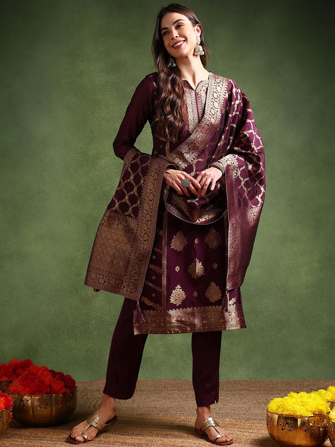 

KALINI Floral Zari Woven Design Chanderi Silk Straight Kurta With Trousers & With Dupatta, Purple