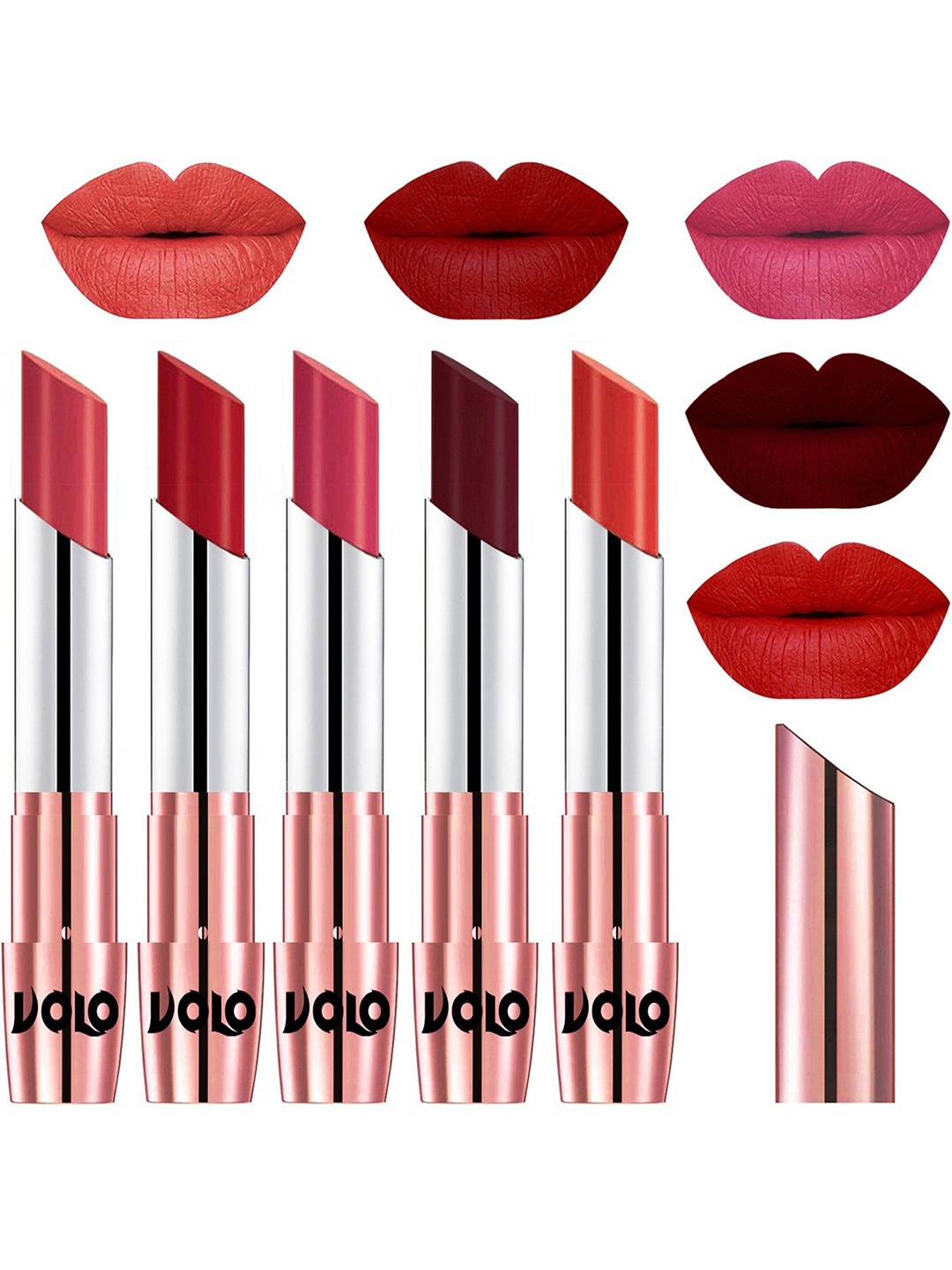 

VOLO Set Of 5 Creme Matte Lipsticks-Peach 33, Tomato Red 40, Pink 41, Maroon 42, Orange 49