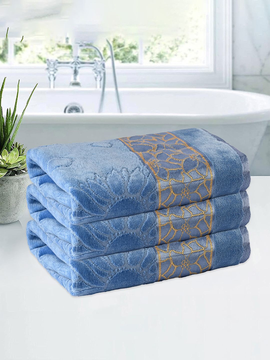 

Kuber Industries Blue 3 Pieces Floral Textured Cotton 450 GSM Bath Towel