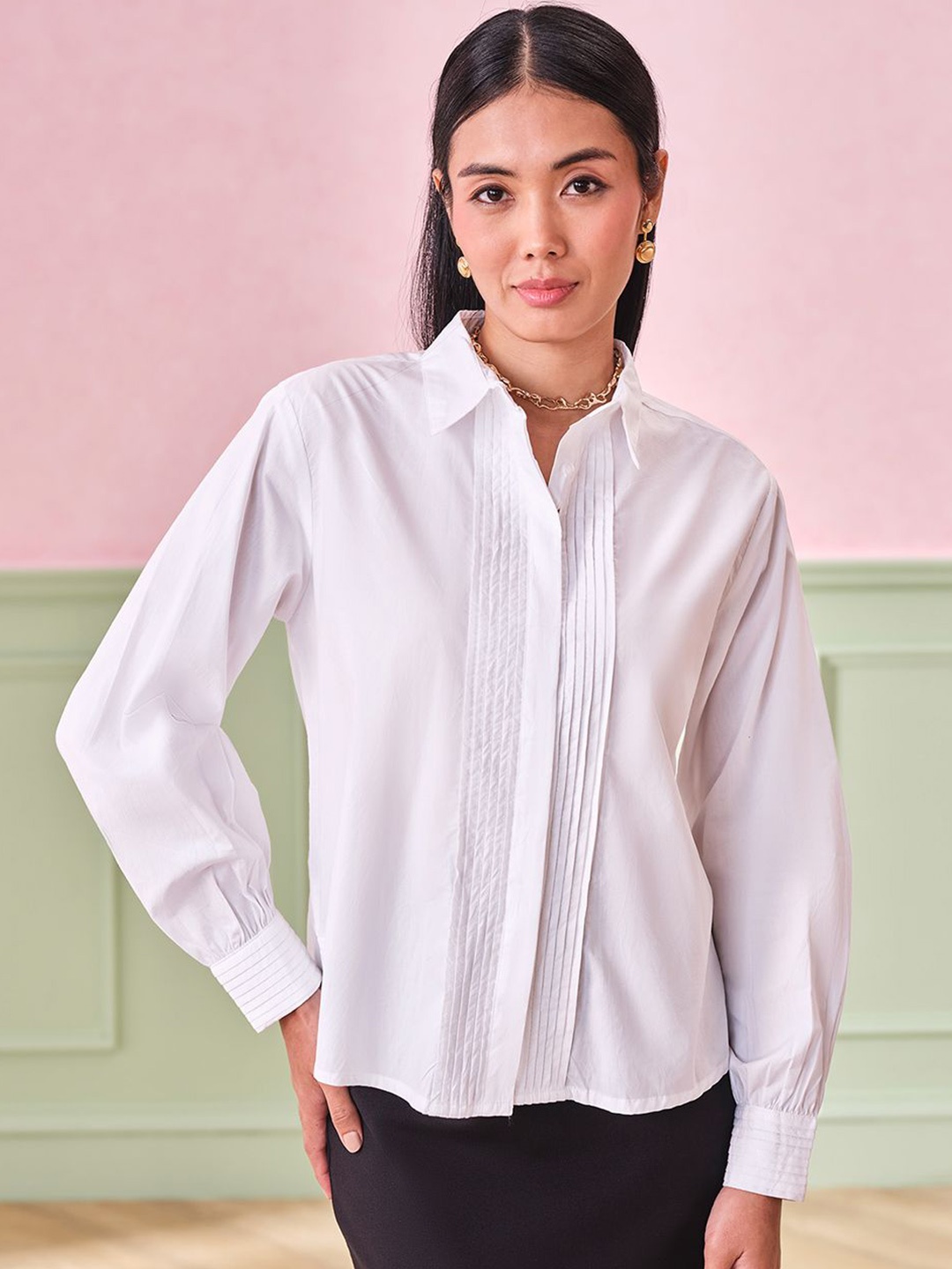 

AND Women Shirt Collar Cotton Top, White