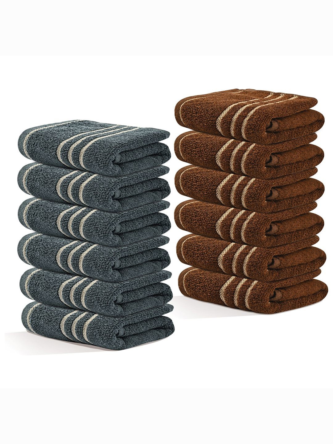 

Kuber Industries Grey & Brown 12 Pieces Striped Cotton 450 GSM Bath Towels