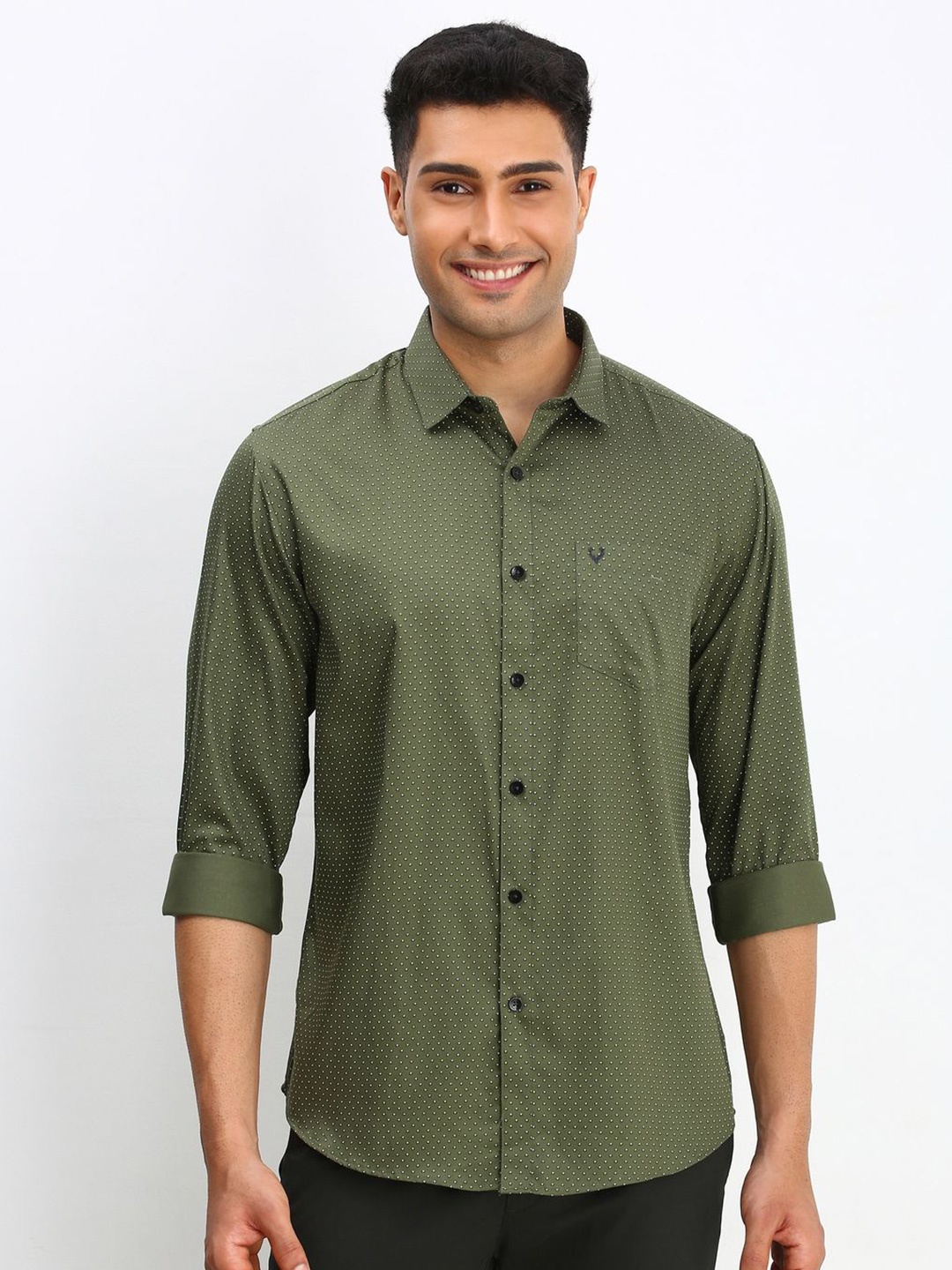 

Allen Solly Men Spread Collar Micro Ditsy Printed Cotton Slim Fit Casual Shirt, Olive