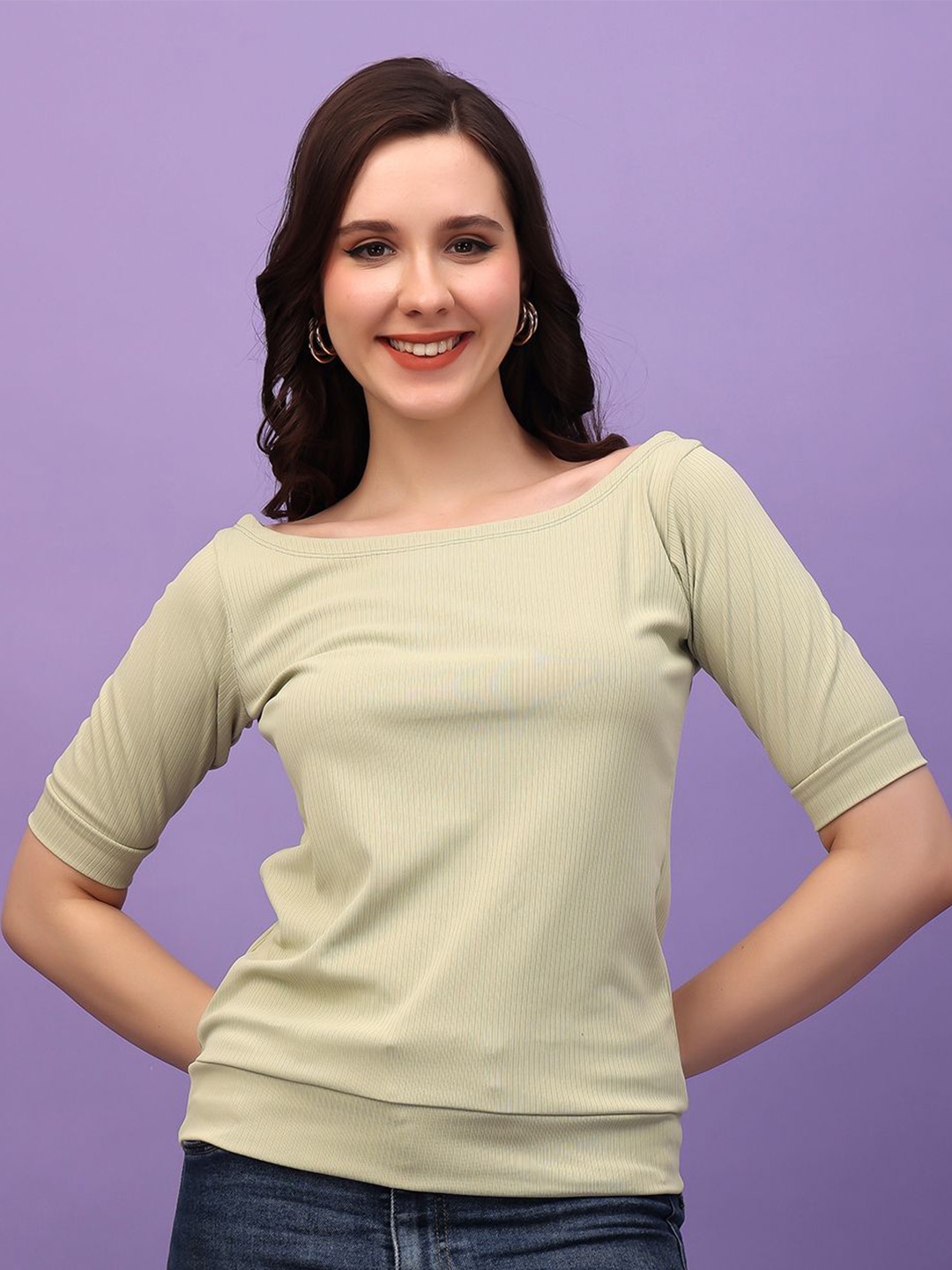 

MINOS Women Solid Boat Neck Top, Green