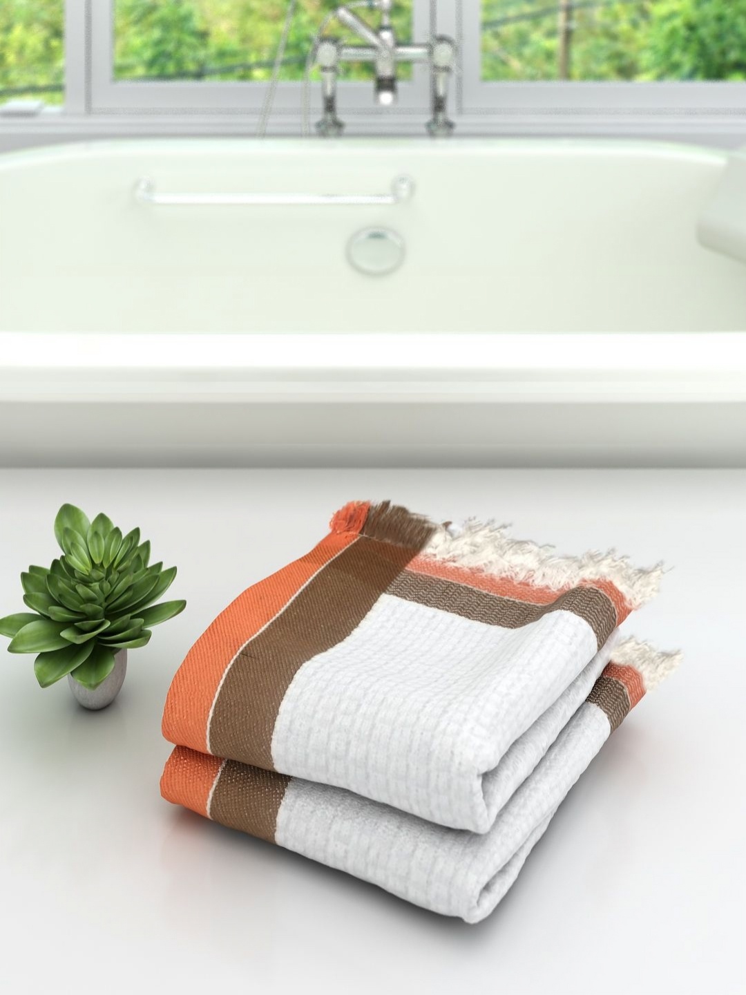 

Aura White & Orange Colored 2 Pieces Pure Cotton 210 GSM Bath Towels