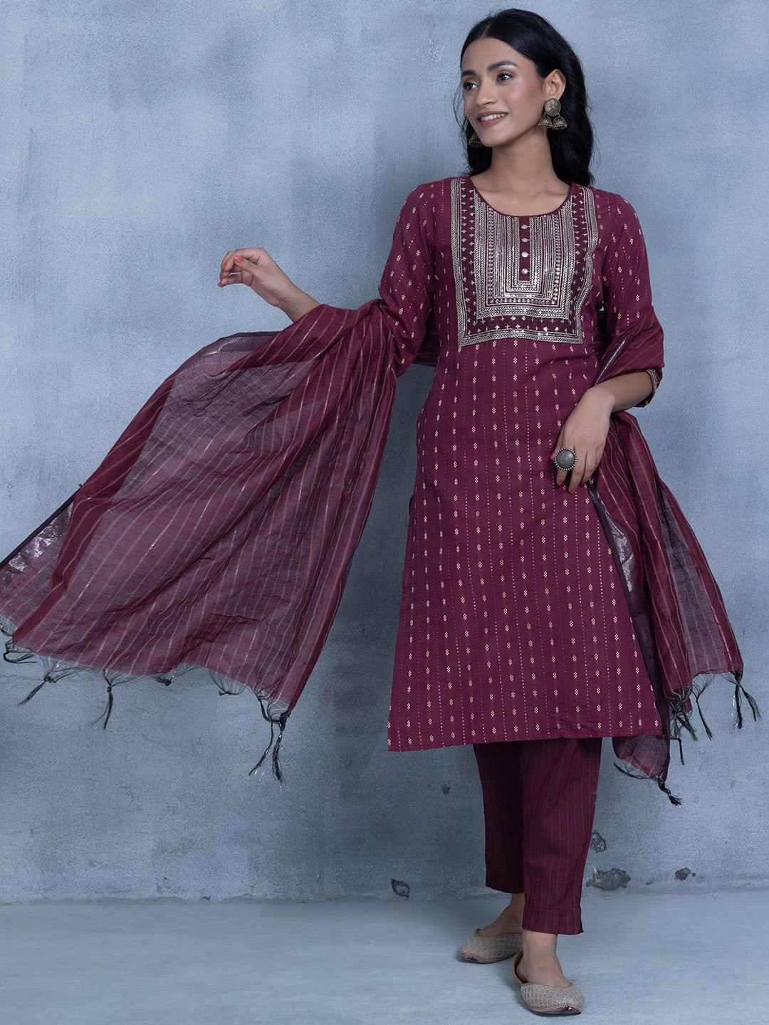 

INDYA Striped Sequinned Pure Cotton Straight Kurta With Trousers & Dupatta, Maroon