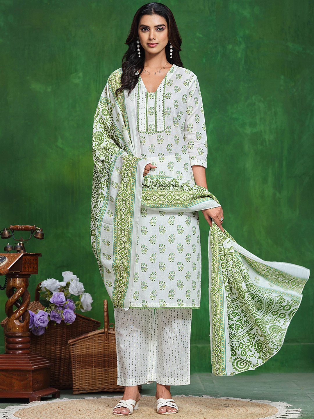 

Sangria White Ethnic Motifs Printed Sequined Cotton Straight Kurta With Trousers & Dupatta