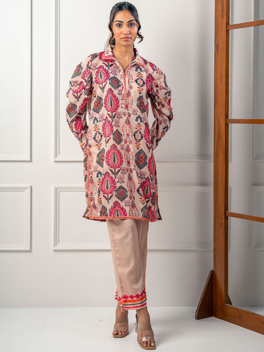 

India Circus by Krsnaa Mehta Floral Printed Shirt Collar Top With Trousers, Red