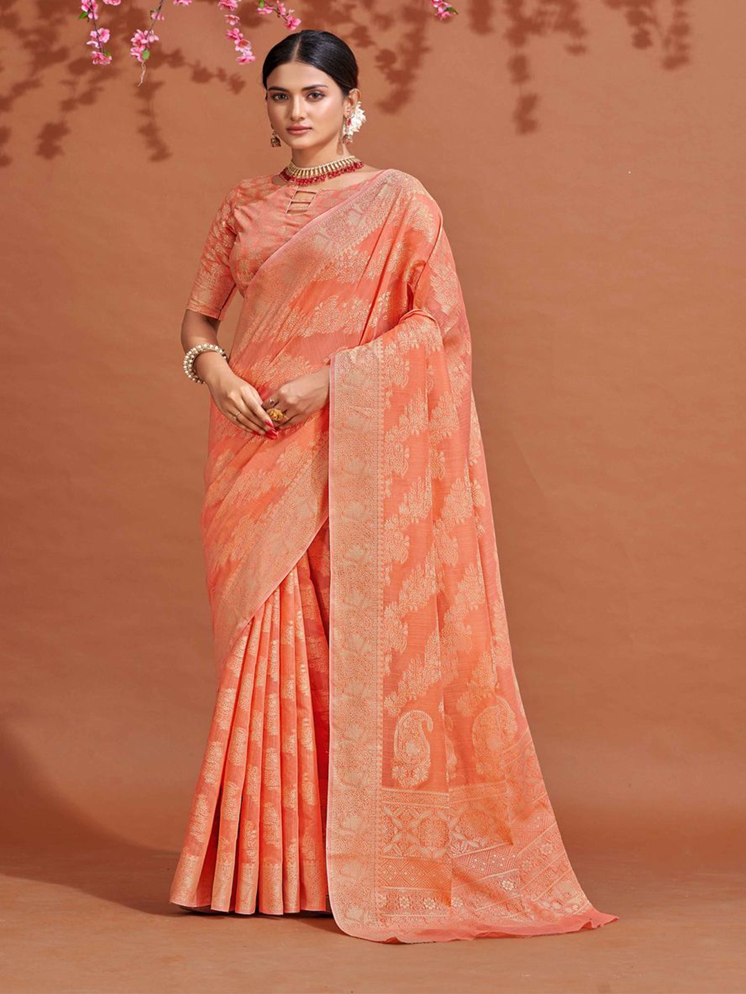 

Krimmple Woven Design Zari Saree, Orange