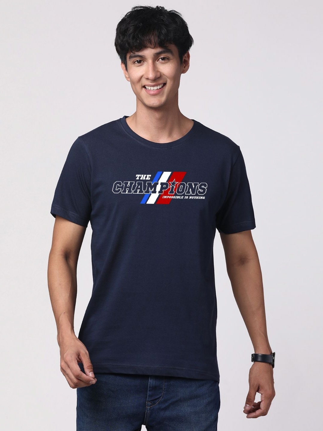 

ADRO Men Typography Printed Cotton T-shirt, Navy blue