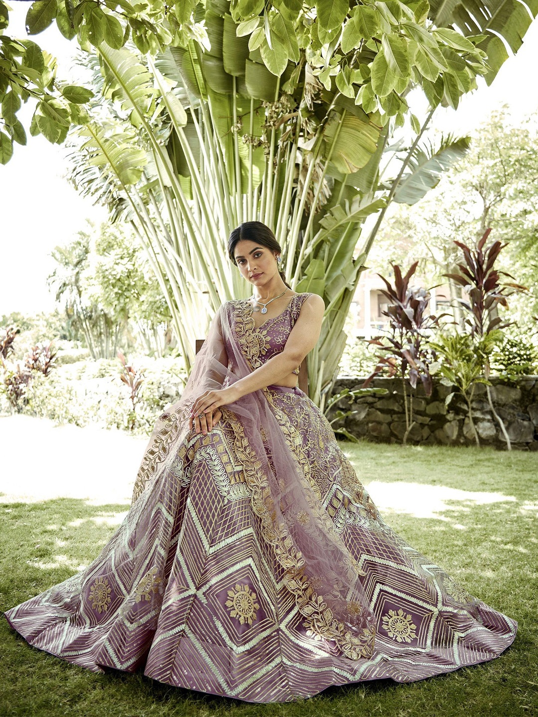 

KALINI Embroidered V-Neck Net Semi Stitched Lehenga & Unstitched Blouse With Dupatta, Purple