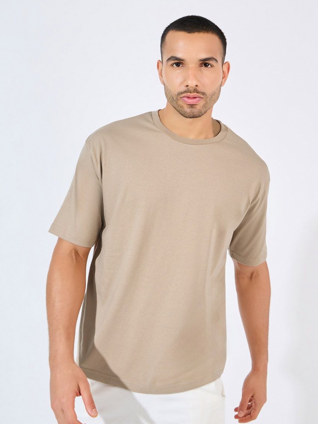 

Styli Men Solid Cotton Rich Oversized T-Shirt, Beige