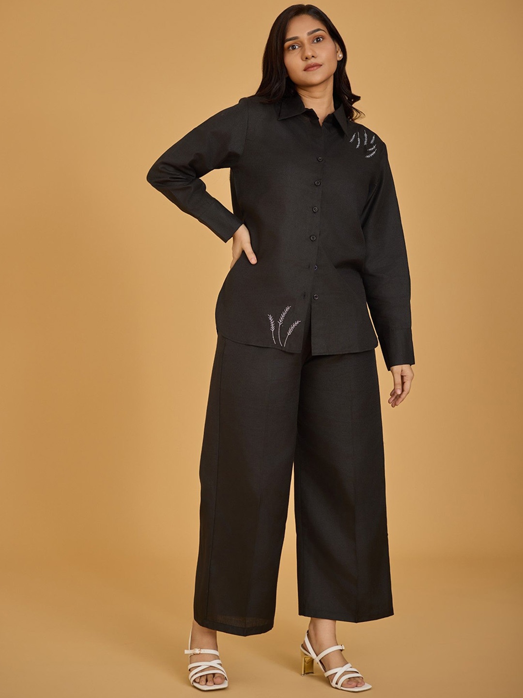 

Urban Sundari Leaf Embroidered Pure Cotton Shirt With Trousers, Black