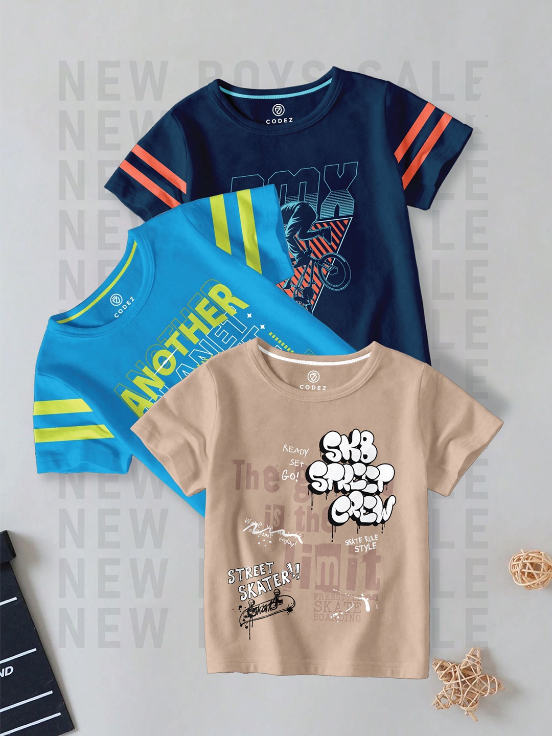 

CODEZ Boys Pack Of 3 Typography Printed Round Neck Cotton T-shirts, Cream