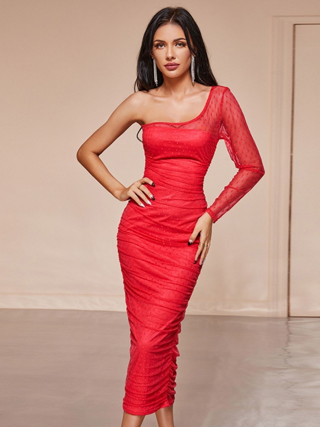 

KPOP One Shoulder Long Sleeves Bodycon Midi Dress, Red