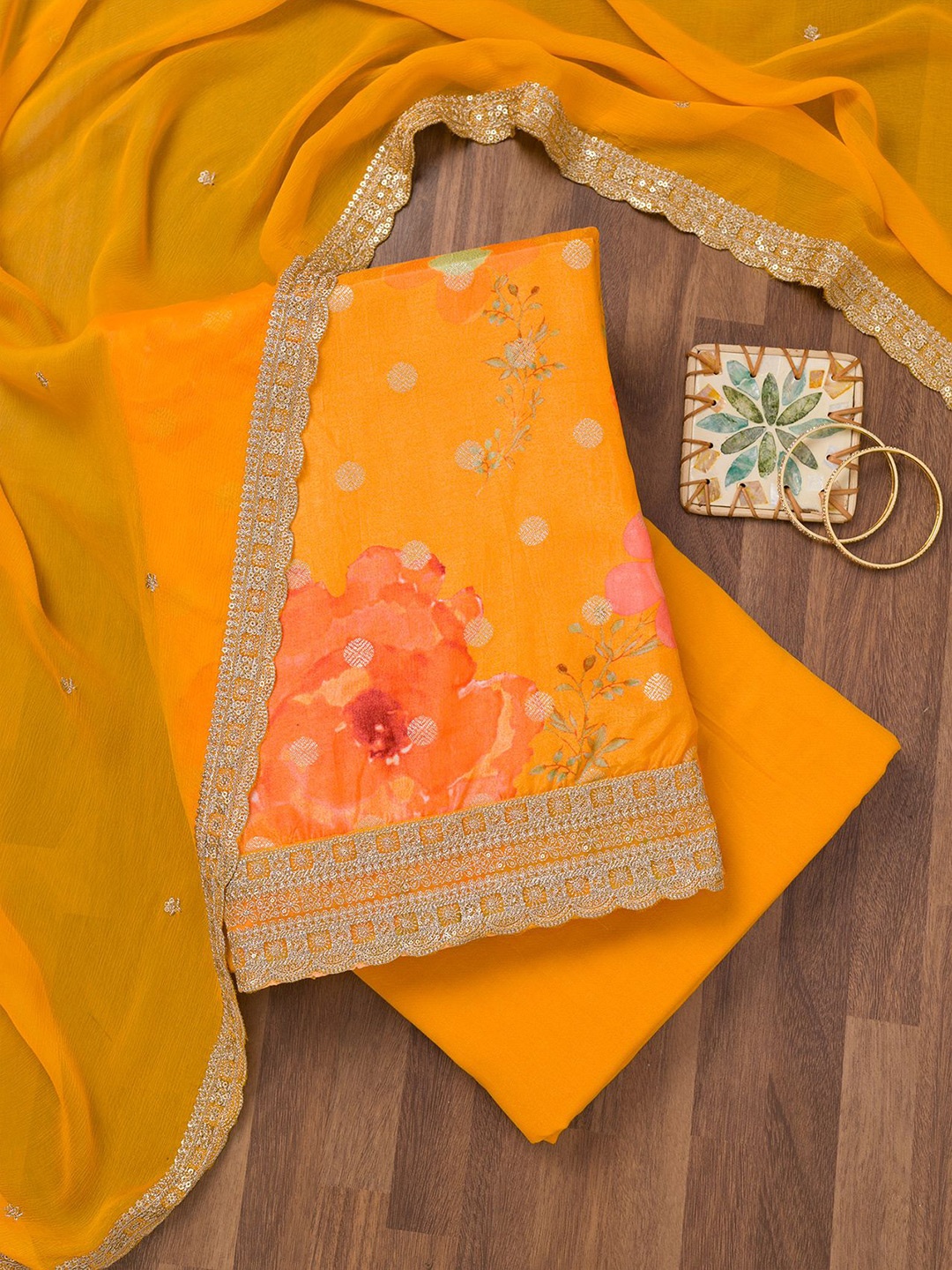 

Koskii Floral Printed Zari Unstitched Dress Material, Yellow
