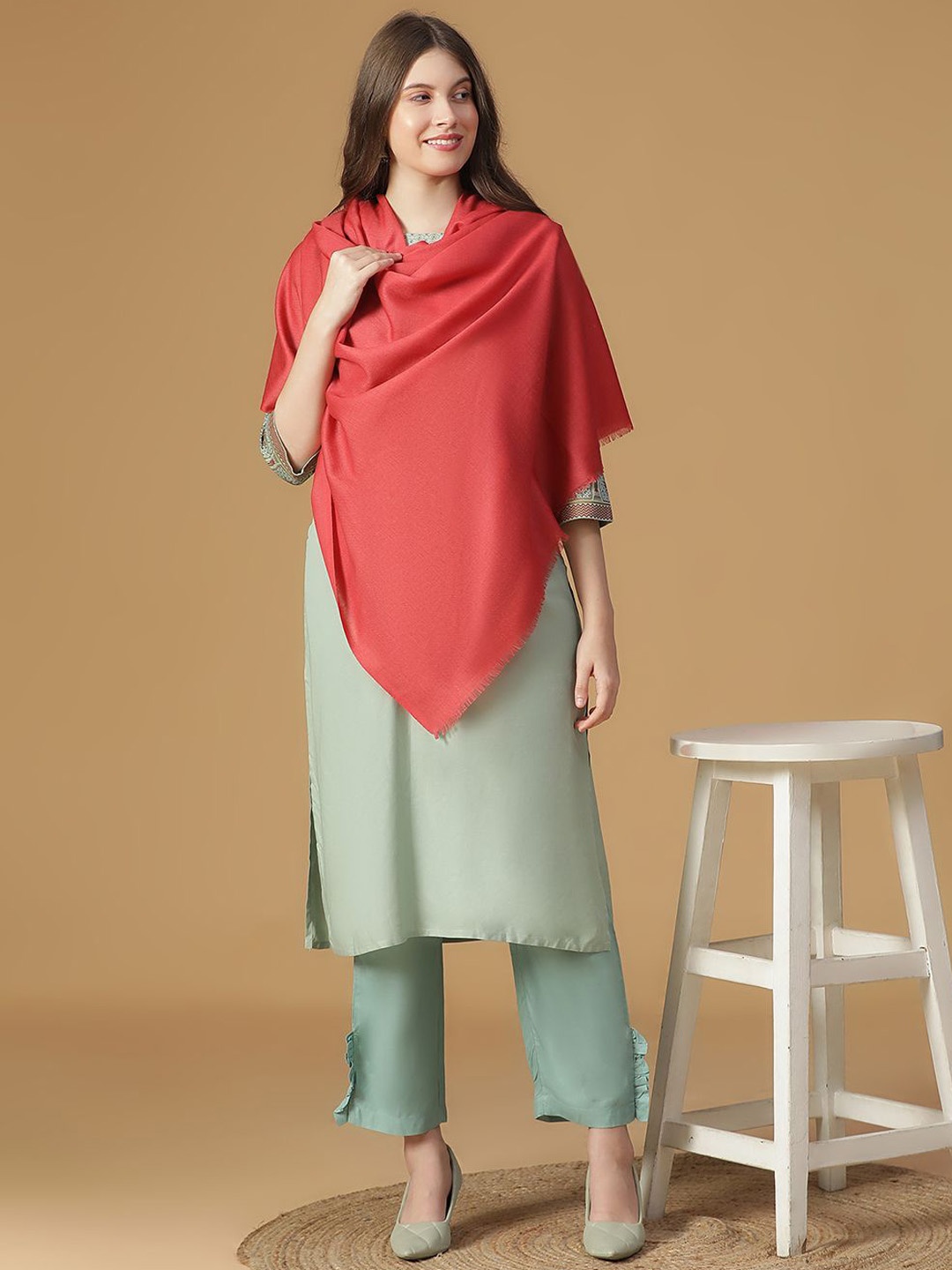 

SHINGORA Velvet Softness Fringed Border Pure Woollen Shawl, Peach