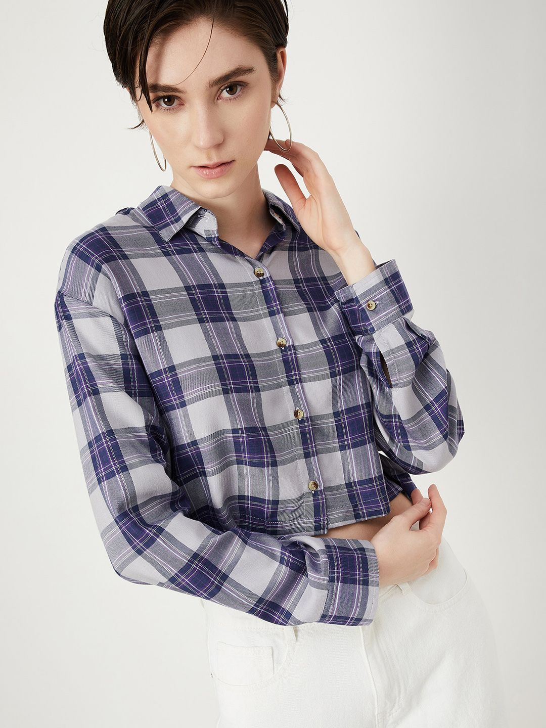 

max Women Spread Collar Tartan Checked Boxy Casual Shirt, Grey