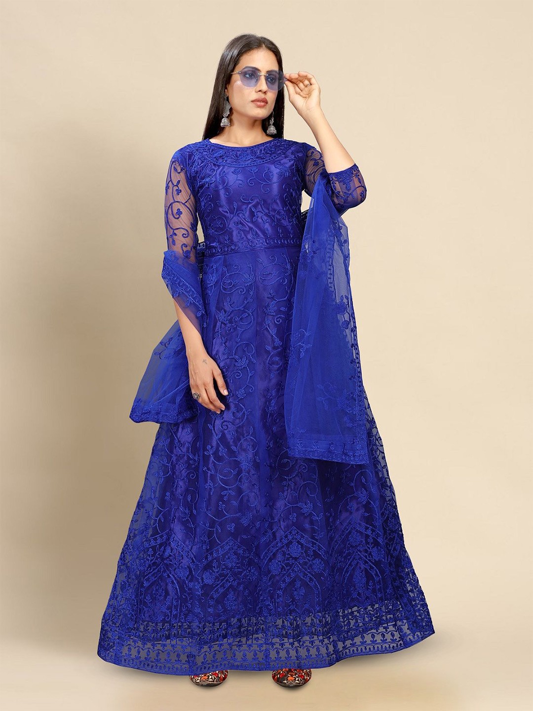 

LADY SHOPI Women Embroidered Net Fit & Flare Maxi Dress, Blue