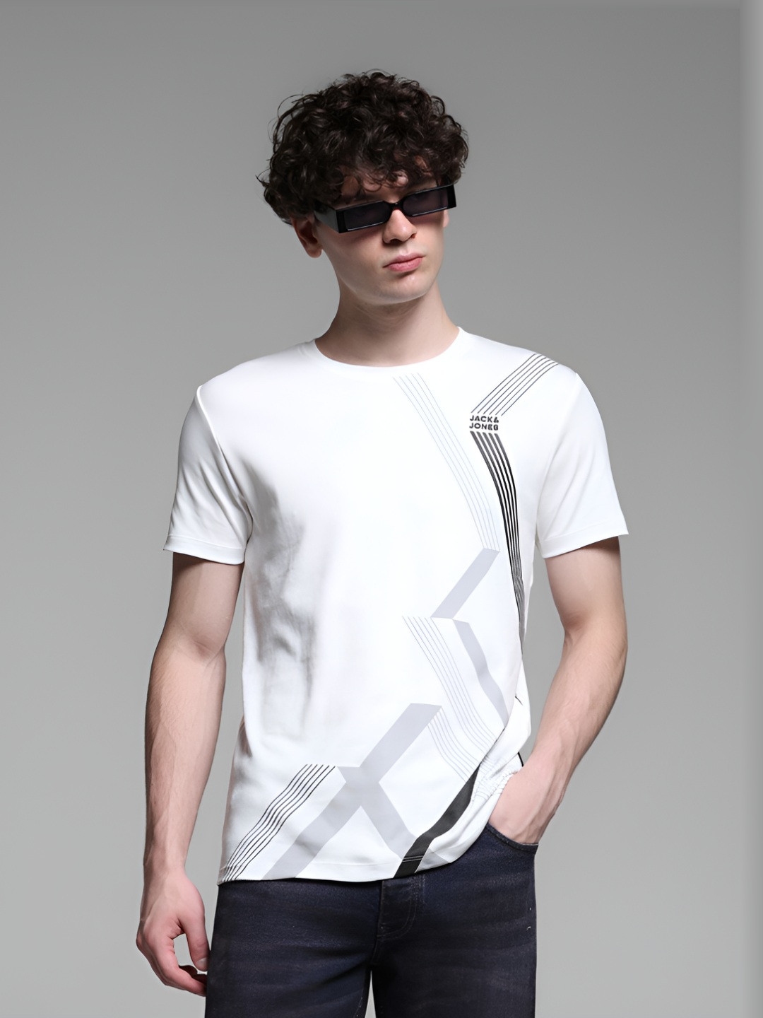 

Jack & Jones Men Abstract Printed Round Neck Cotton T-shirt, White