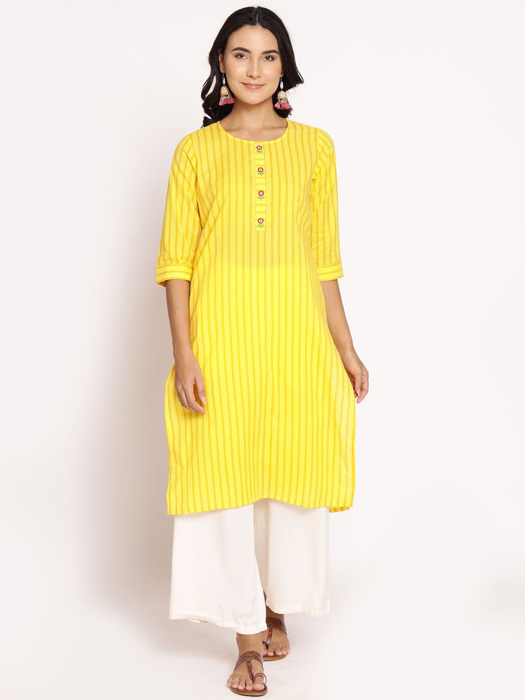 

Shree Striped Thread Work Cotton Straight Kurta, Yellow