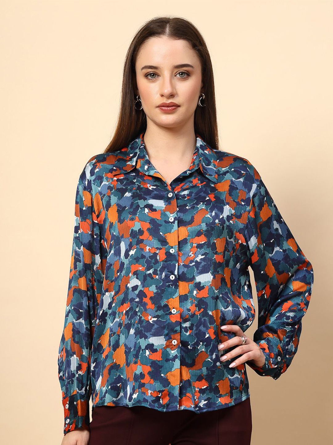 

Gipsy Women New Spread Collar Abstract Printed Casual Shirt, Blue