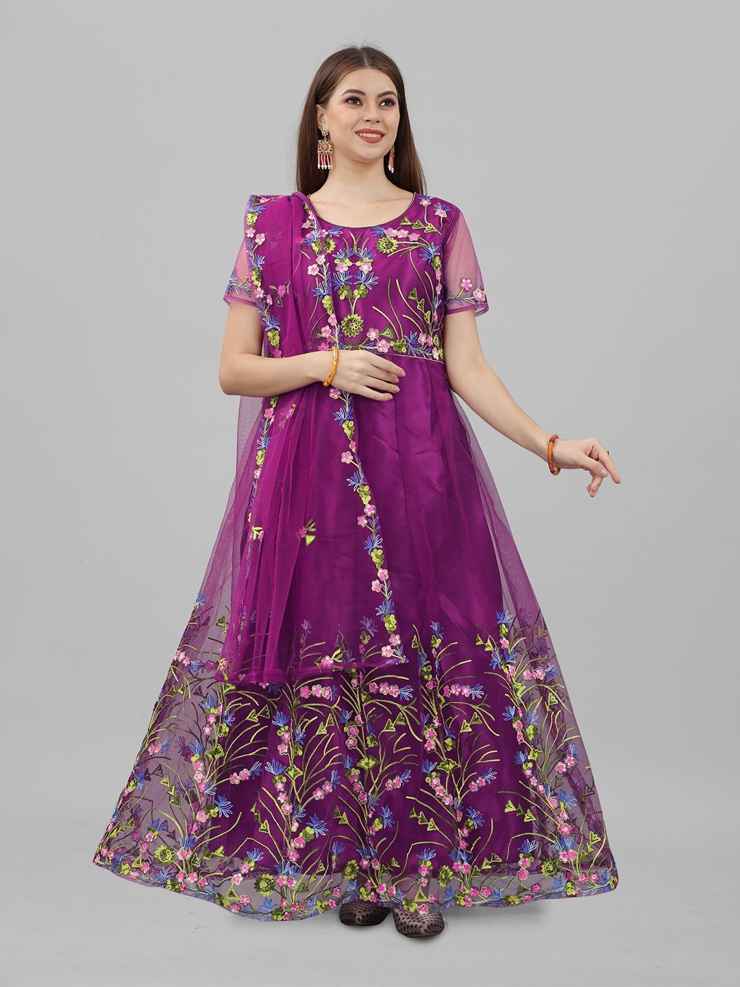 

LADY SHOPI Floral Embroidered Net Fit & Flare Maxi Dress, Purple