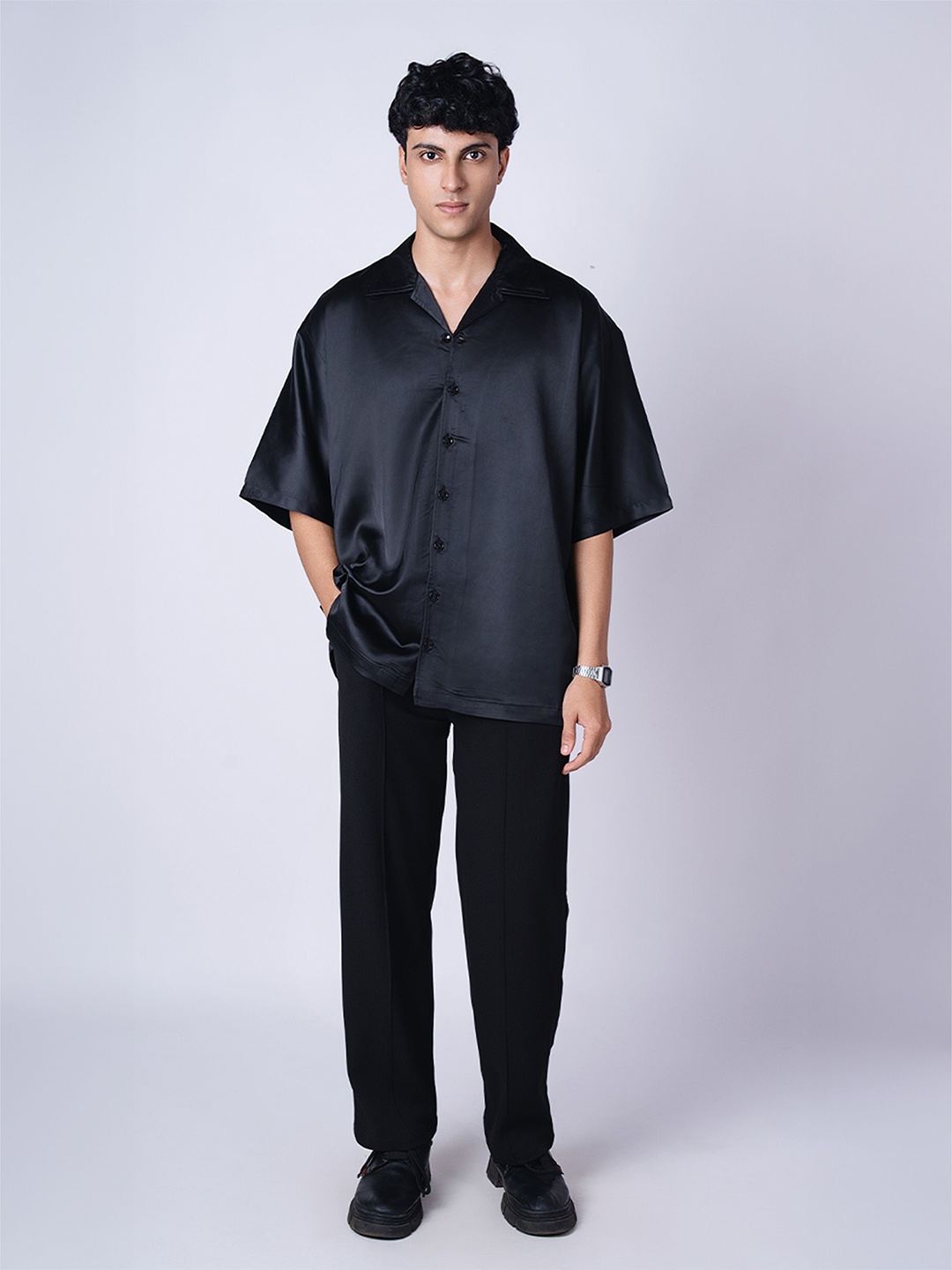 

HOP HEAD Unisex Relaxed Cuban Collar Solid Relaxed Fit Party Shirt, Black