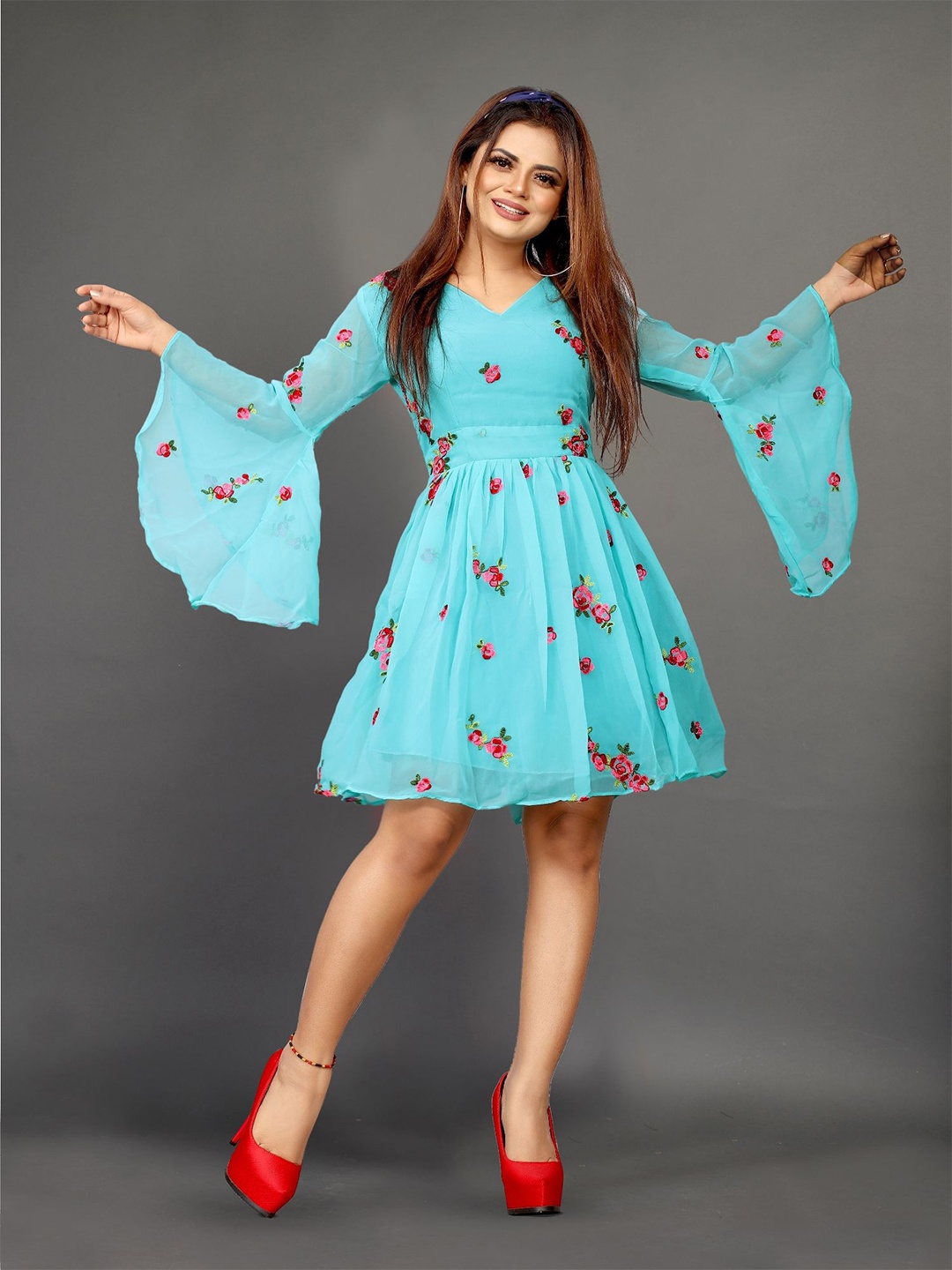 

LADY SHOPI Floral Embroidered Bell Sleeve Georgette Fit & Flare Mini Dress, Turquoise blue