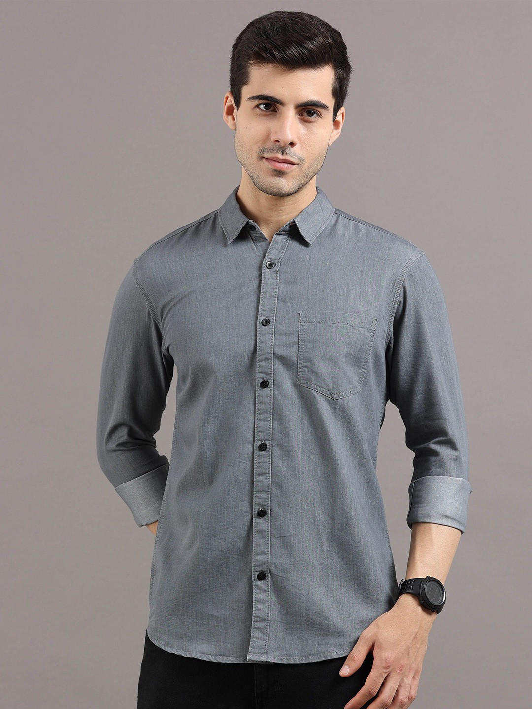 

REGROWTH Men Standard Spread Collar Solid Polycotton Casual Shirt, Grey