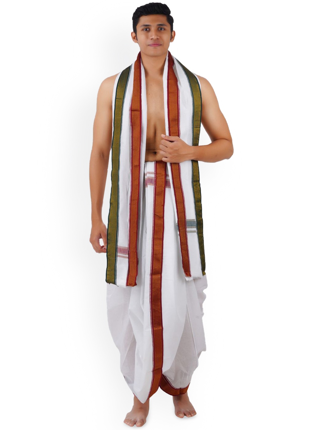 

Ethazh Men Dhotis With Angavastram, White