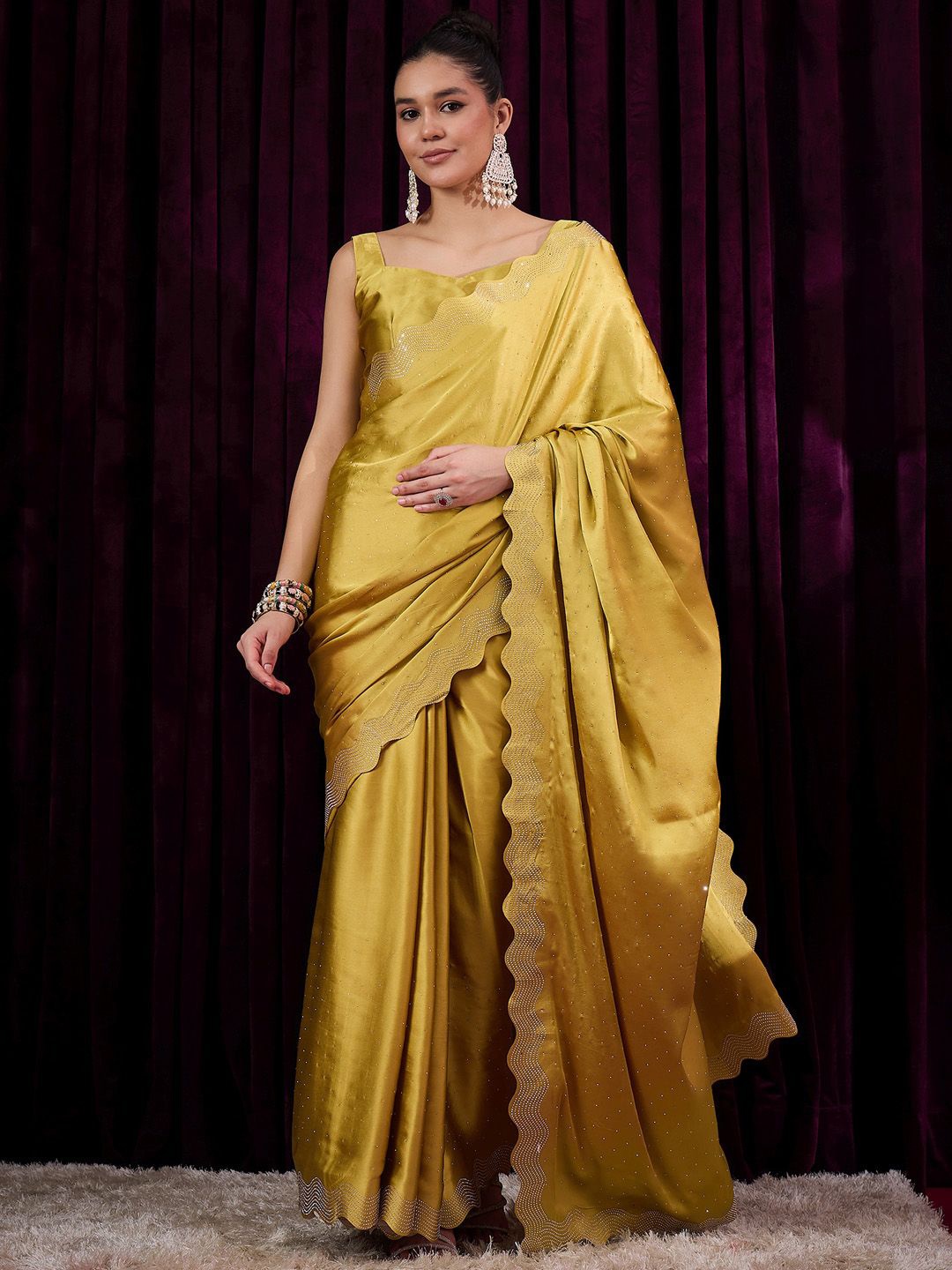 

Saree mall Embellished Beads and Stones Satin Designer Sarees, Mustard