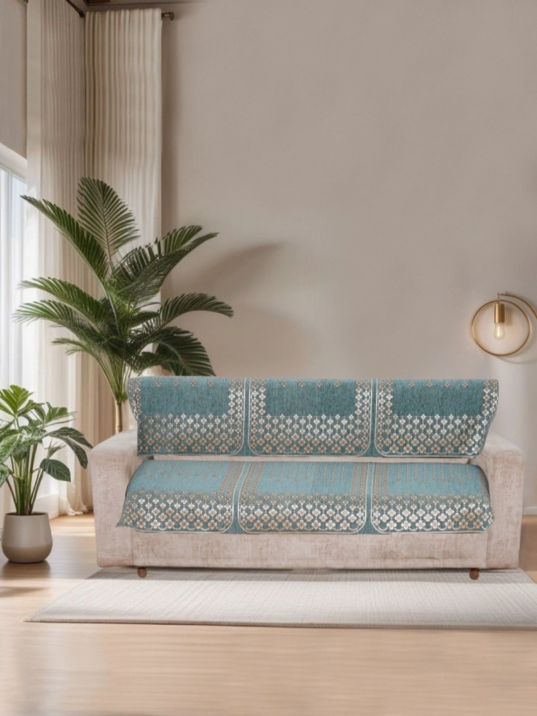 

MORADO Sea Green & Gold-Toned 6 Pieces Embroidered Velvet Sofa Cover With Arms
