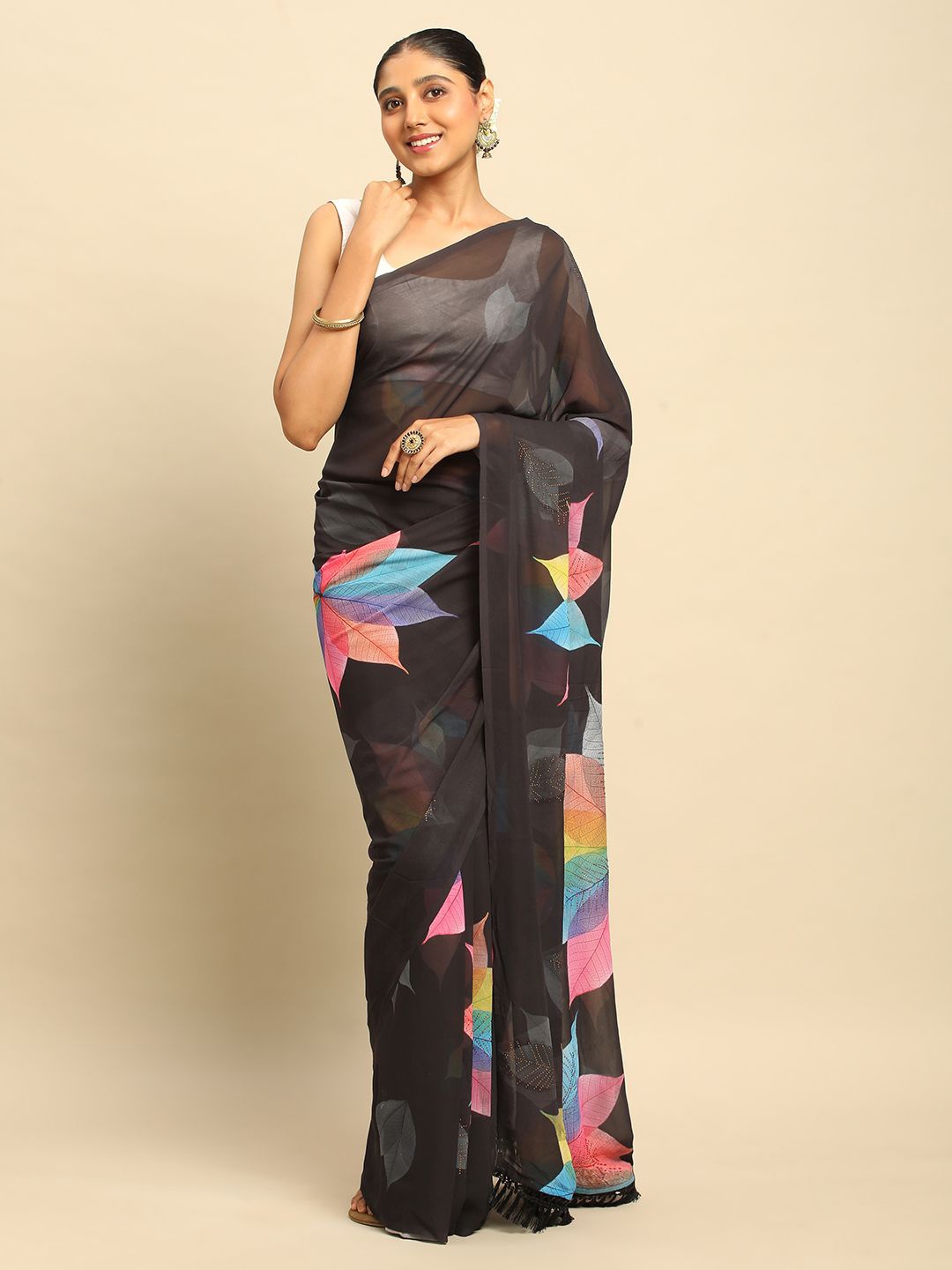 

DrapeMall Floral Printed Beads and Stones Saree, Black