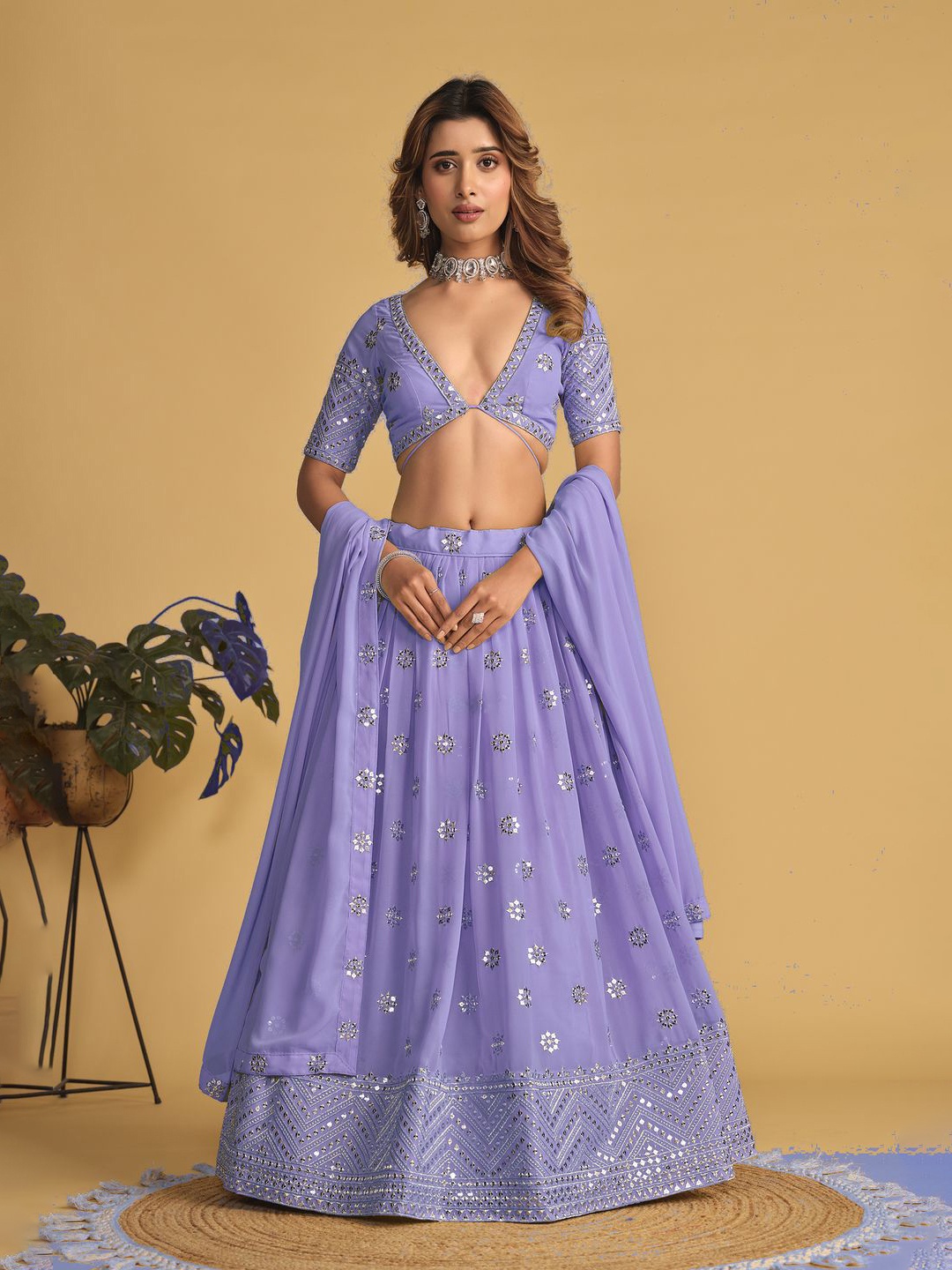 

KALINI Embroidered Silk Georgette Semi Stitched Lehenga & Unstitched Blouse With Dupatta, Lavender