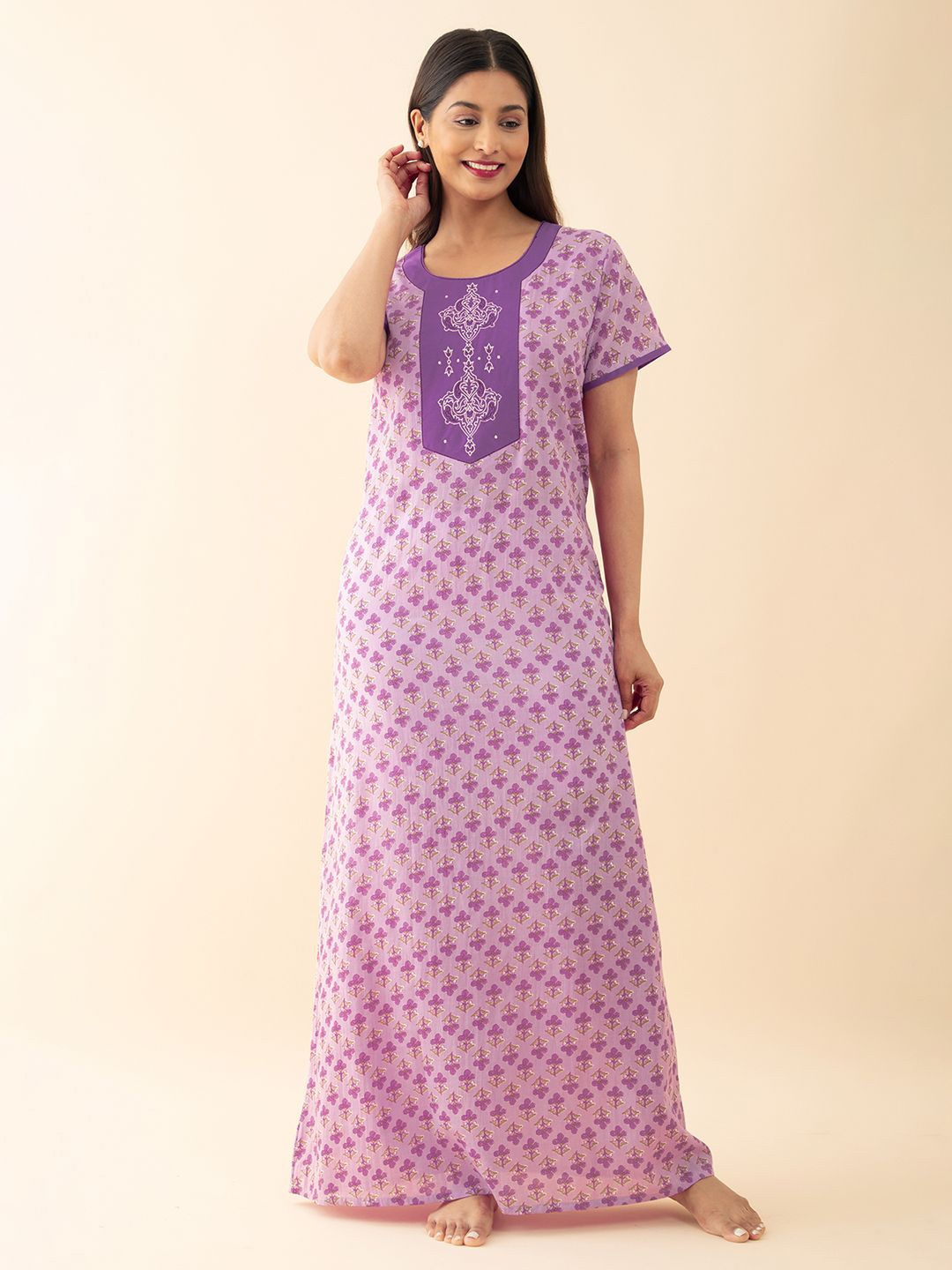 

Maybell Women Printed Pure Cotton Maxi Nightdress, Purple