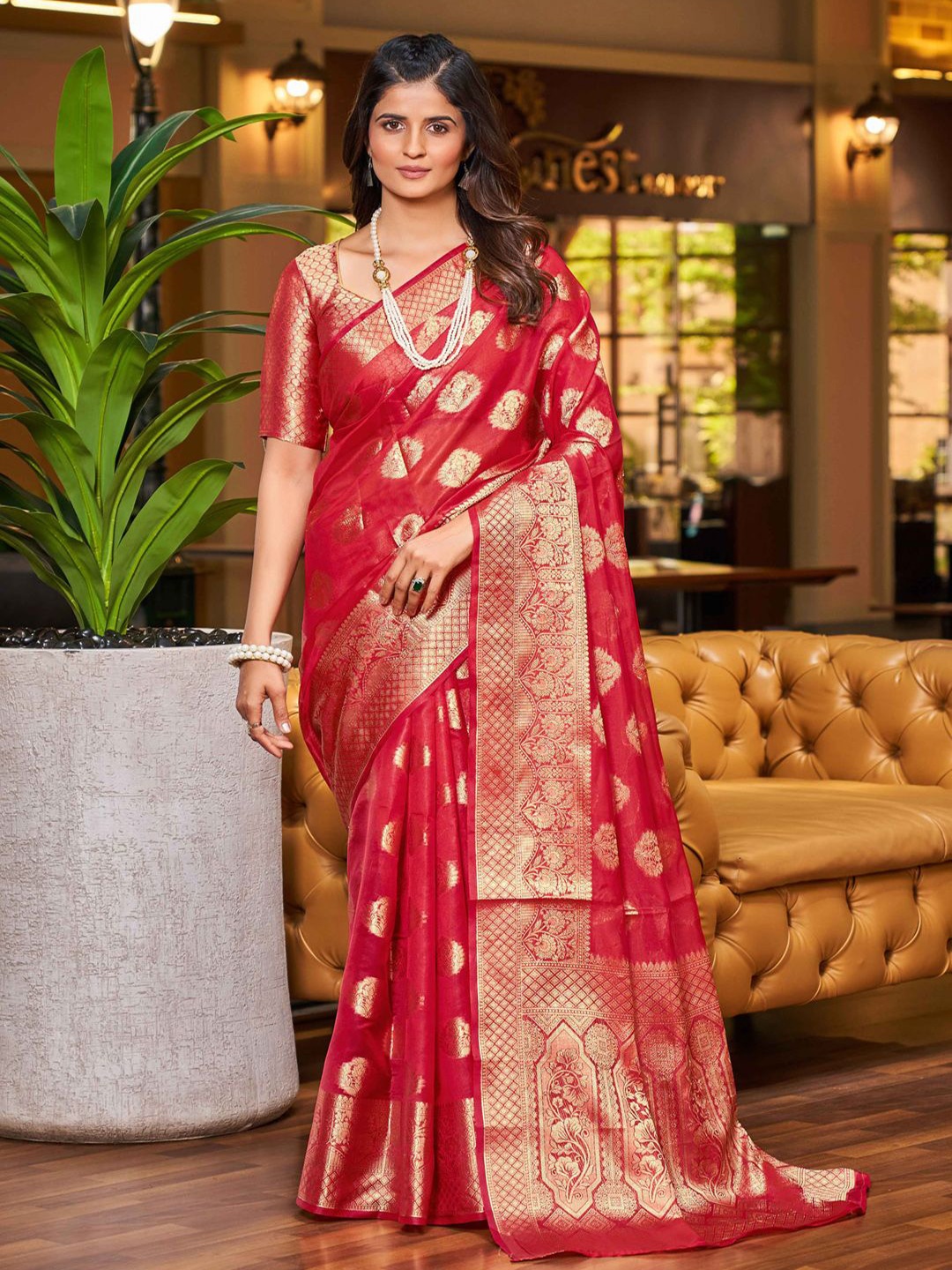 

Krimmple Woven Design Zari Organza Saree, Red
