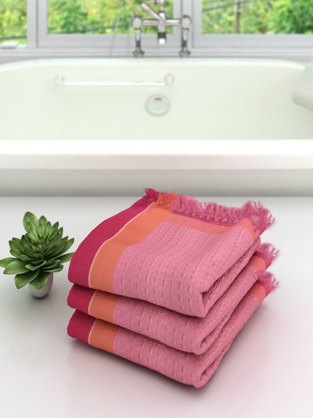 

Aura Pink & Orange 3 Pieces Textured High Absorbent Cotton 210 GSM Bath Towels