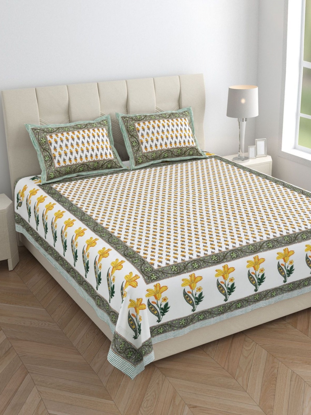 

Urban Jaipur jaypore Yellow Floral Printed 210 TC Cotton King Bedsheet with 2 Pillow Cover