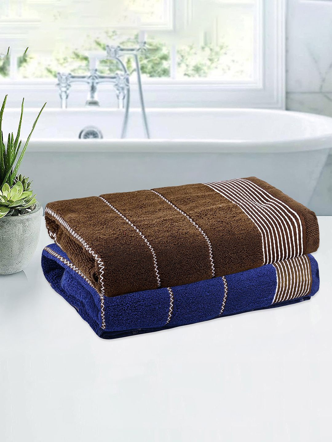 

Kuber Industries Blue & Brown 2 Pieces Striped Cotton 450 GSM Bath Towel