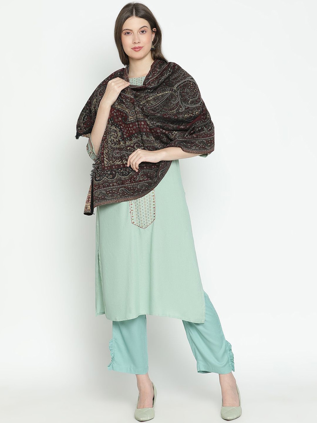 

SHINGORA Ethnic Motifs Woven Design Fringed Shawl, Black