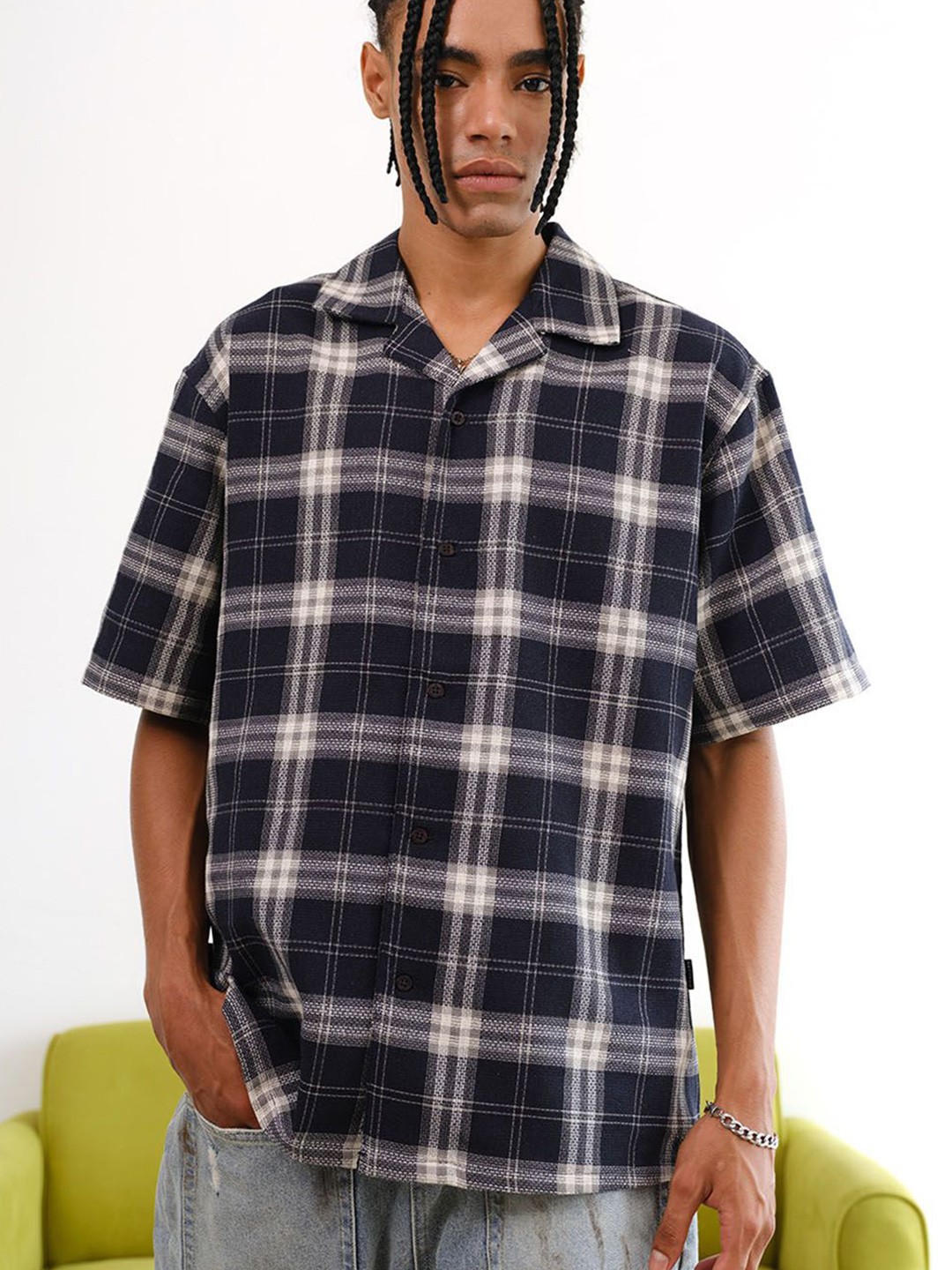 

Bonkers Corner Men Tartan Checks Opaque Casual Shirt, Navy blue