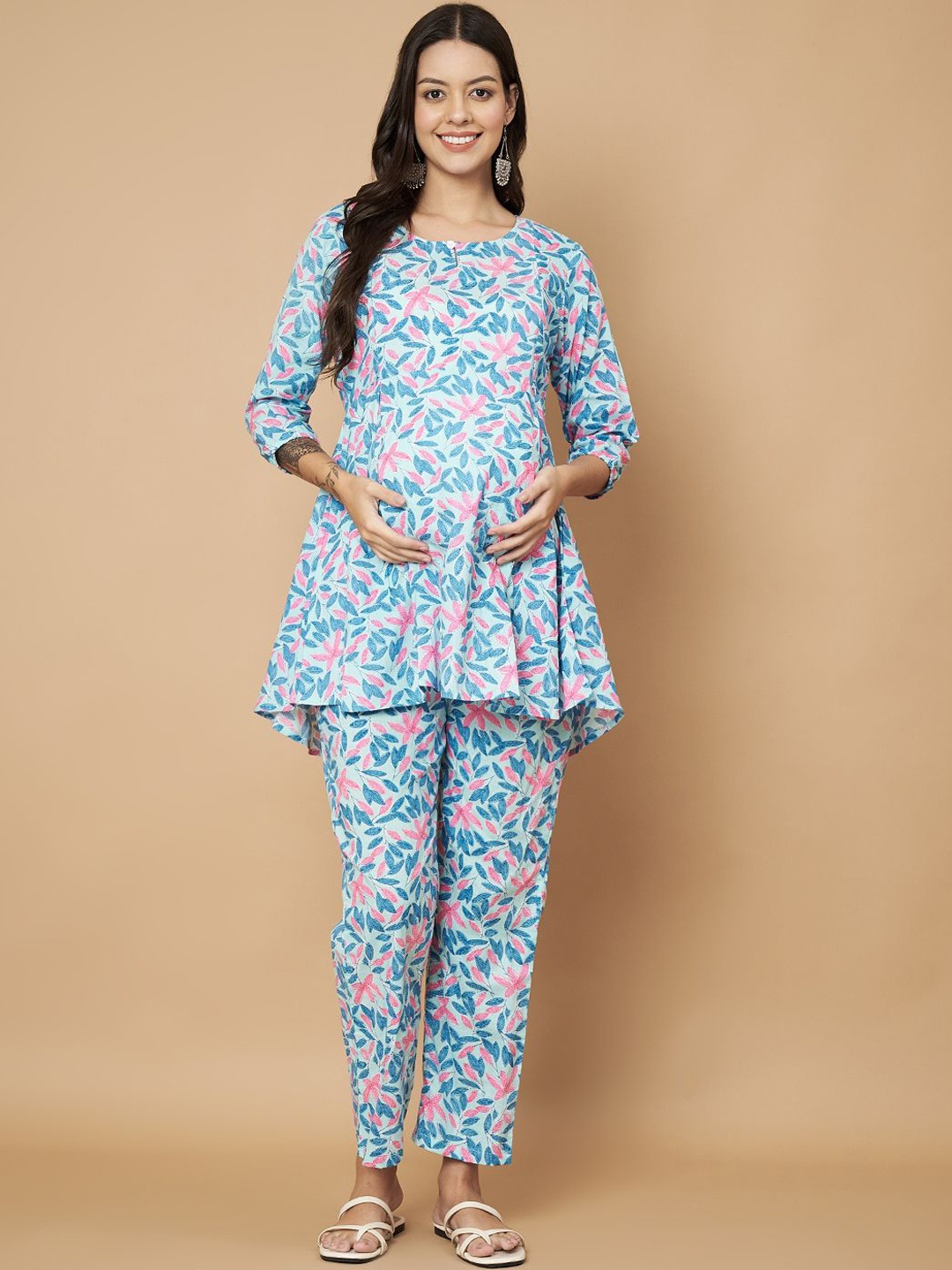 

Vastralay Floral Printed Pure Cotton Maternity Tunic With Trousers, Blue