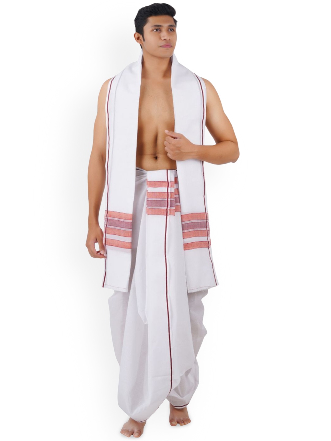 

Ethazh Men Cotton Dhoti & Angavasthram with Woven Border, White