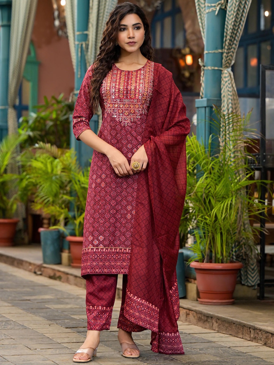 

Juniper Ethnic Motifs Embroidered Straight Kurta With Palazzos & Dupatta, Rust
