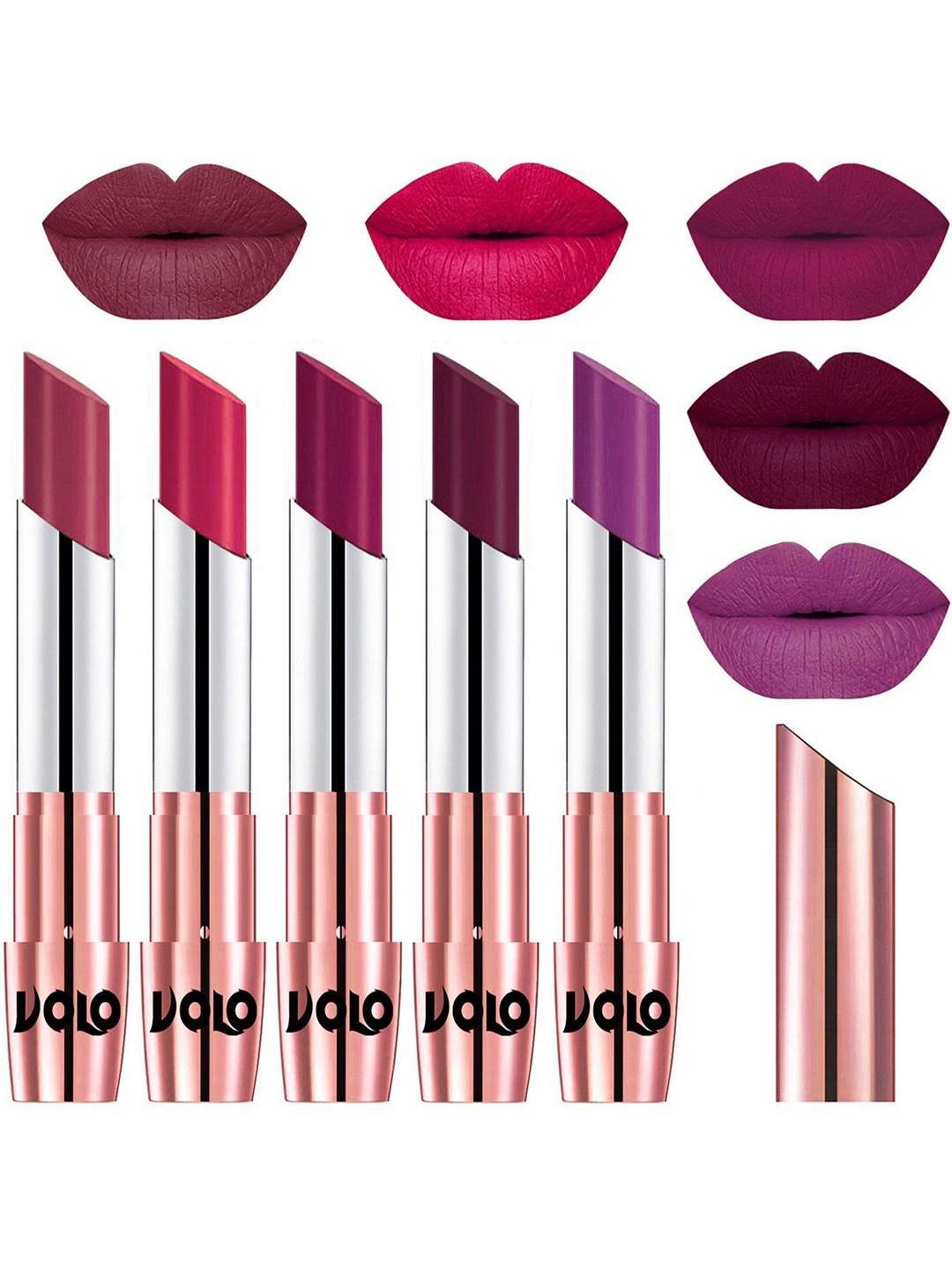 

VOLO Set Of 5 Creme Matte Lipstick-3.5g-Rose Pink-Passion Pink- Magenta- Wine- Purple, Multi