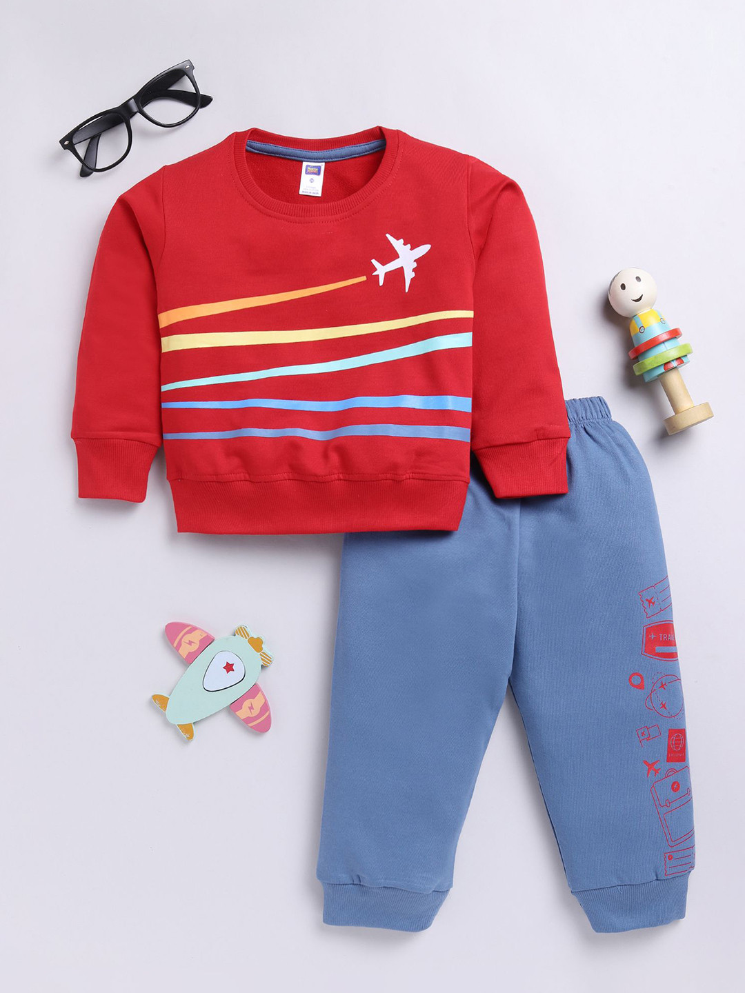 

Nottie Planet Boys Printed Round Neck Sweatshirt With Joggers, Red